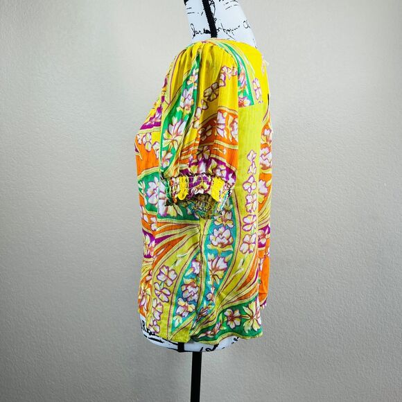 Haute Hippie multi floral blouse short sleeves and gather cuff size M boho - Picture 13 of 14
